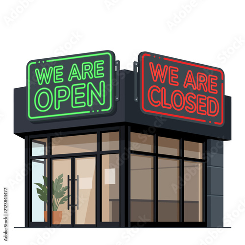 Modern glass storefront with neon open and closed signs