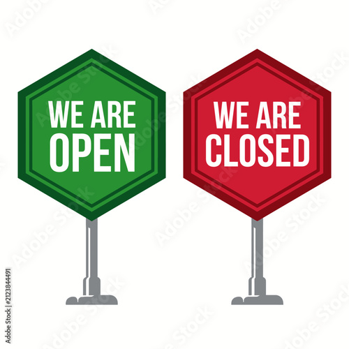Green and red hexagonal open and closed signs for business
