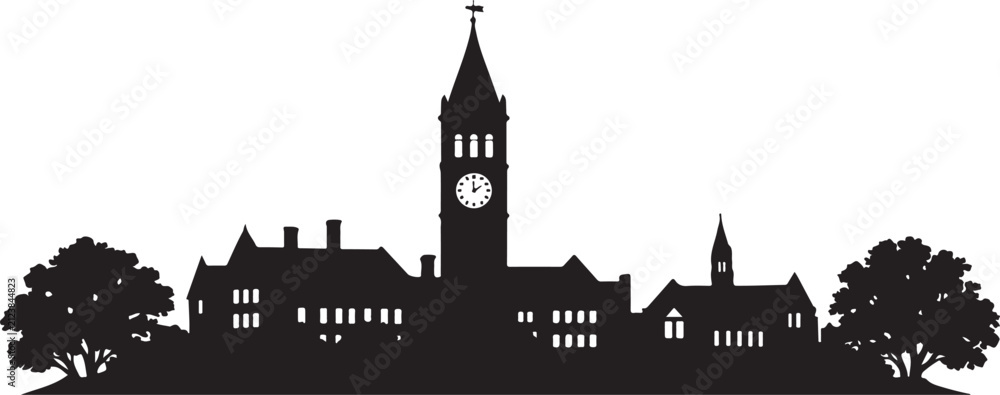 Obraz premium Silhouette of a historical university campus building with a clock tower and trees Silhouette Vector