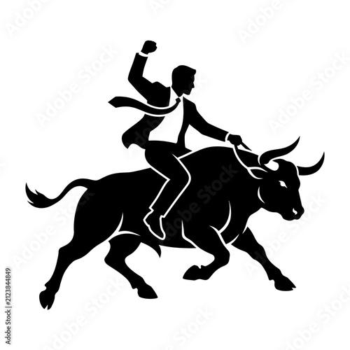 Businessman Riding Charging Bull Silhouette, Stock Market Bull Run and Business Success Vector Illustration