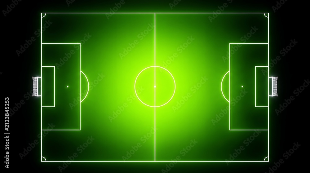 Obraz premium Glowing soccer field top view. Neon football pitch layout on black background.