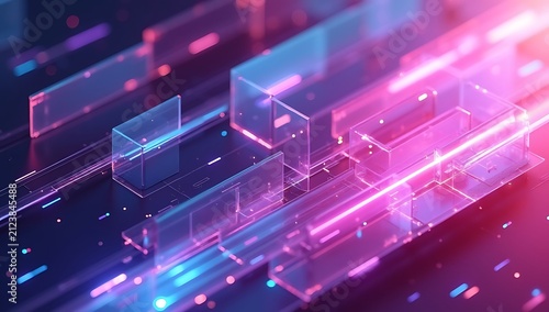 Abstract digital glass blocks floating in a dark neon cyberspace background