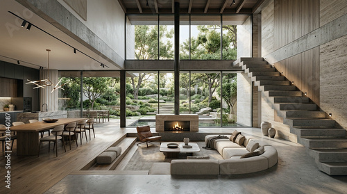 Luxury Modern Open Plan Living Room with Garden View and Fireplace