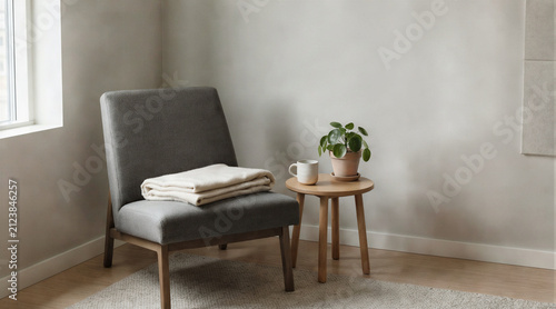 Workplace rest corner with lounge chair blanket and water cup for employee decompression in wide horizontal view