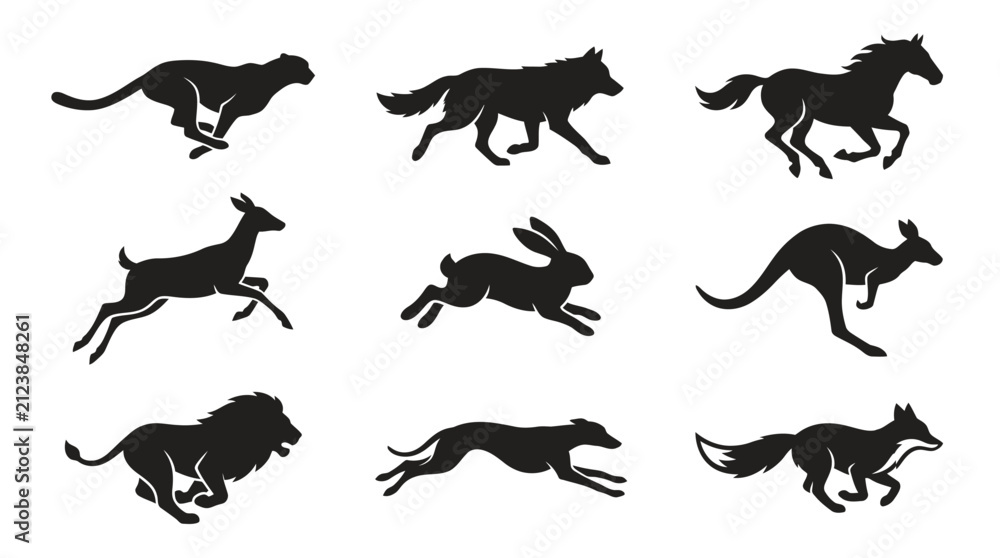 Obraz premium Black silhouettes of various running animals.