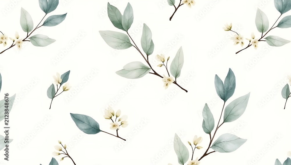 Obraz premium Seamless pattern with watercolor grey leaves and small yellow flowers on twigs