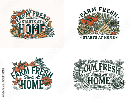Farm fresh typography designs. Organic food labels with vegetables.