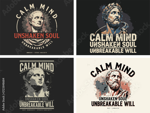 Stoic philosophy t-shirt designs. Ancient Greek statue art with motivational quotes.