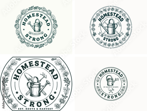 Homestead strong vintage logo set. Rustic garden badge collection for branding.
