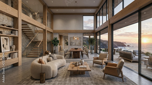 Luxury Modern Living Room with Coastal Ocean View at Sunset