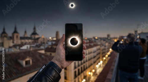 Smartphone capturing solar eclipse over city skyline.