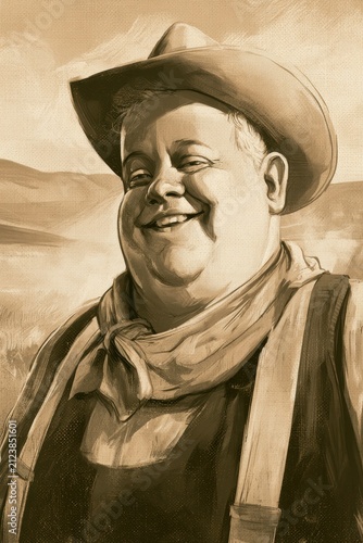Sepia-toned portrait of a witty prairie entertainer in classic Western style illustration