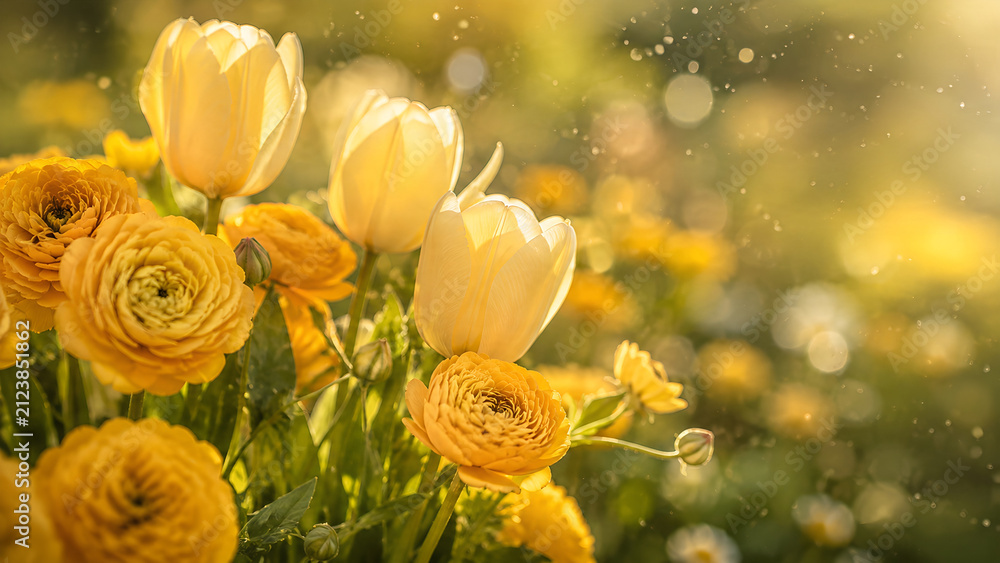 Obraz premium Yellow Roses Ranunculus and Tulips Glowing in Golden Sunlight