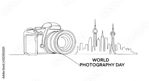 Photography Single Line Drawing: Camera and Cityscape for World Photography Day