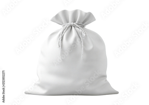 Empty White Fabric Sack Bag with Twisted Rope Closure on Black Background