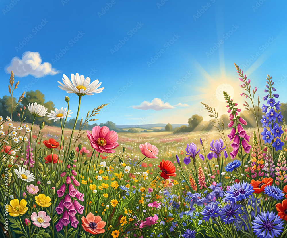 Obraz premium Beautiful spring meadow at sunrise with a variety of flowers in bloom. Illustration generated by AI.
