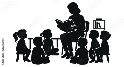Teacher Reading To Children In Classroom Black Silhouette