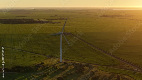 Wattle Point Wind Farm, Edithburgh, Yorke Peninsula, South Australia – 4K aerial drone view of wind turbines, renewable energy, farmland and Spencer Gulf coastline during golden hour and sunset