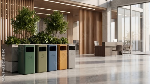Modern office lobby with colorful recycling bins and indoor plants