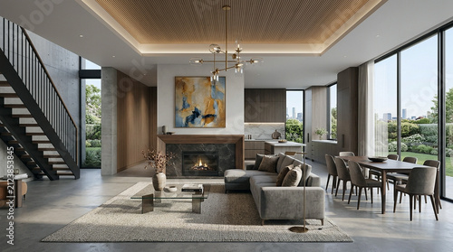 Modern Luxury Open Plan Living Room with Fireplace and Dining Area