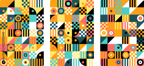 Modern geometric grid background with warm colored mosaic tiles multi colored geometric abstract