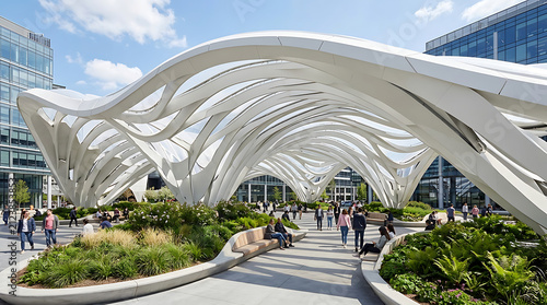 Modern architectural canopy with flowing wave design. Innovative outdoor structure for public spaces.