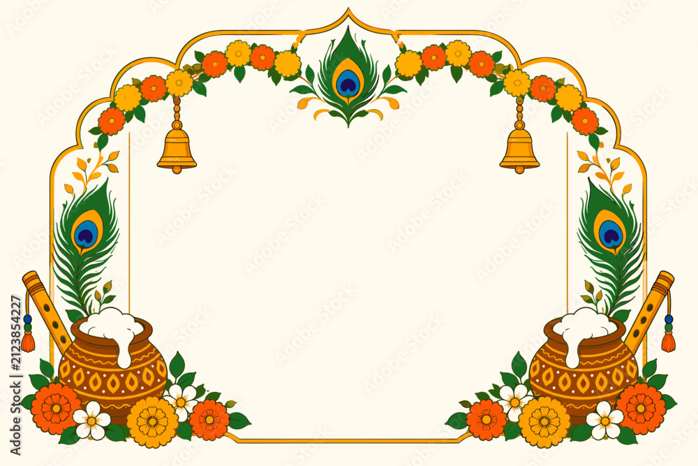 Fototapeta premium Traditional Indian Festival Krishna Janmashtami Frame with Peacock Feathers, Flutes, and Butter Pots Illustration