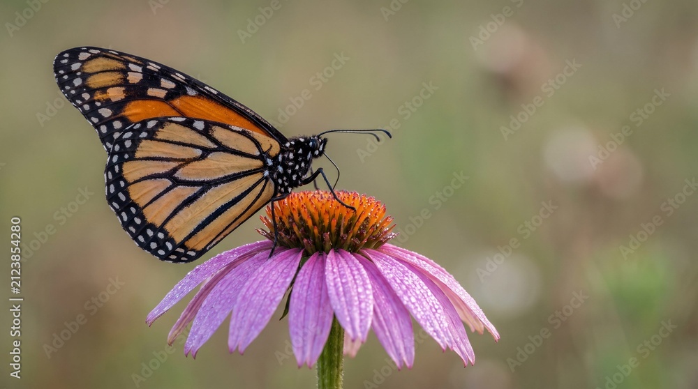 Obraz premium Monarch butterfly close up, butterfly perched on pink flower in natural setting 