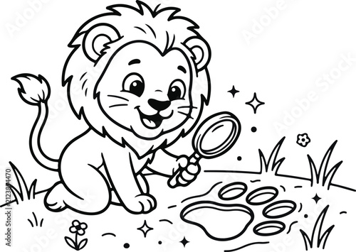 Cute cartoon lion looking at a paw print with a magnifying glass for a kids coloring page