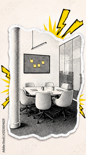 Pop Art Halftone Modern Meeting Room Illustration, Contemporary Office Workspace and Business Collaboration Concept in Distressed Torn Paper Collage Style, Vertical bg