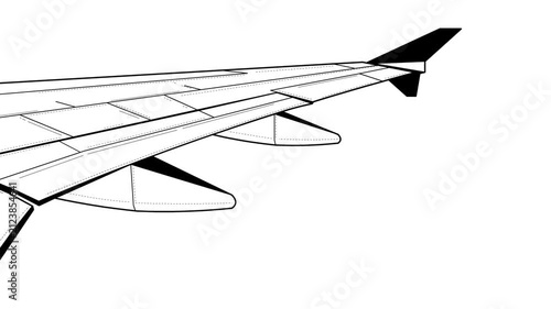 Cartoon style animation of a plane in flight, wing view landing, in black and white, art, drawing, 2D.