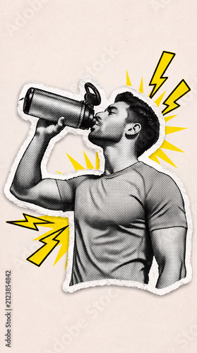Pop Art Halftone Man Drinking Water Illustration, Healthy Hydration and Active Fitness Lifestyle Concept in Distressed Torn Paper Collage Style, Vertical bg