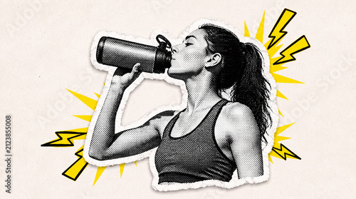 Pop Art Halftone Woman Drinking Water Illustration, Healthy Hydration and Active Fitness Lifestyle Concept in Distressed Torn Paper Collage Style