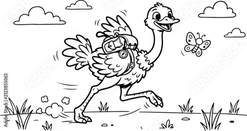 Cute cartoon ostrich running in a field for a fun kids coloring page activity