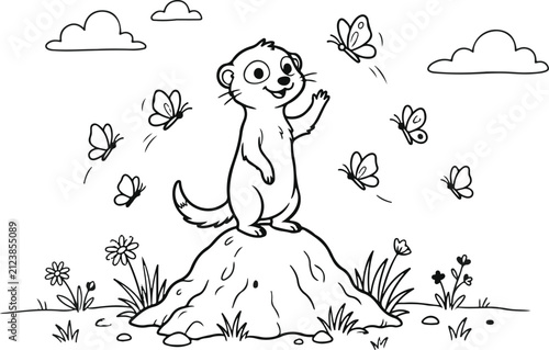 Cute cartoon meerkat standing on a mound with butterflies for a fun kids coloring page activity