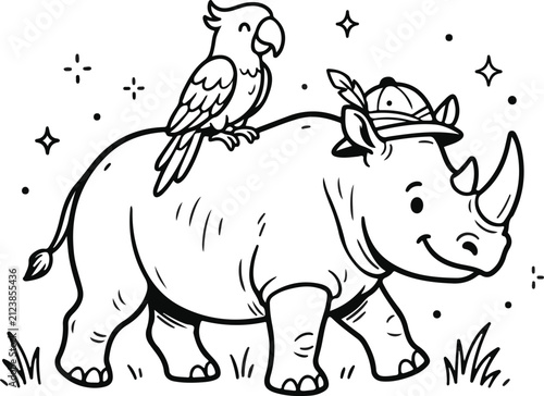 Cute cartoon rhinoceros wearing a hat with a parrot friend for a fun kids coloring page