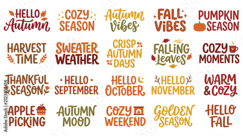 Autumn lettering and seasonal typography design element set collection.