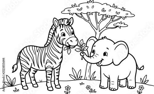 Cute zebra and baby elephant standing together in the savanna for a fun kids coloring page activity