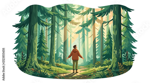 Man walking in a sunlit evergreen forest path