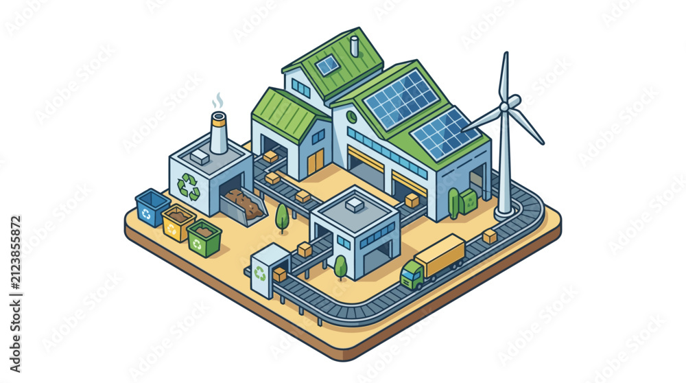 Fototapeta premium Isometric illustration of a modern eco-friendly recycling factory with renewable energy.