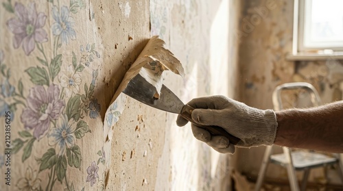 Home renovation process of removing old wallpaper using a spatula.