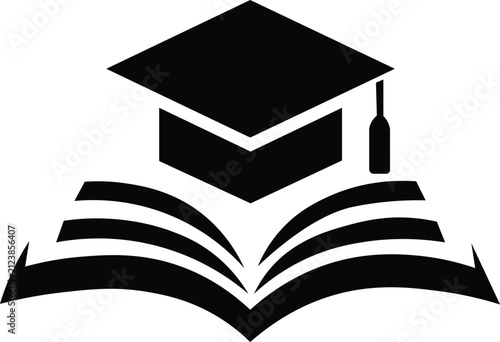 Graduation Cap with Open Book Vector  Education Learning Icon  Academic Success Black Silhouette Illustration