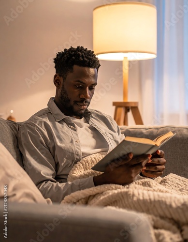 Man Reading Book Comfortably Under Blanket on Sofa