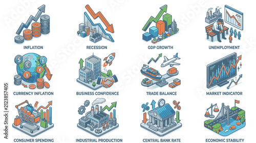 Colorful flat vector icons of business and industry concepts.
