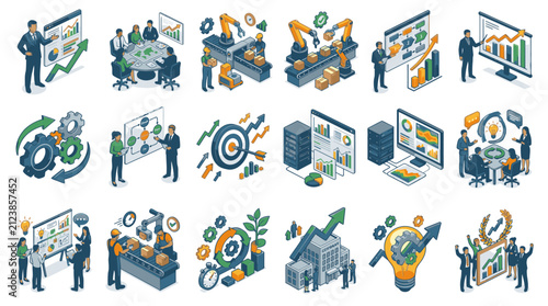 Colorful flat vector icons of business and technology concepts.