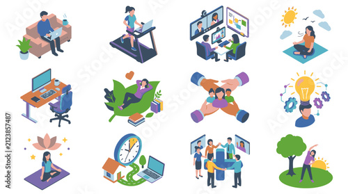 Colorful flat vector icons of daily activities and work.