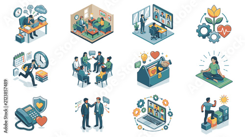 Colorful flat vector icons of business and technology concepts.