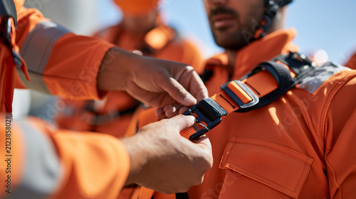 Close-up of hands demonstrating fall protection system in training, adjusting harness on mannequin, proper fit safety concept, defocused background, with copy space