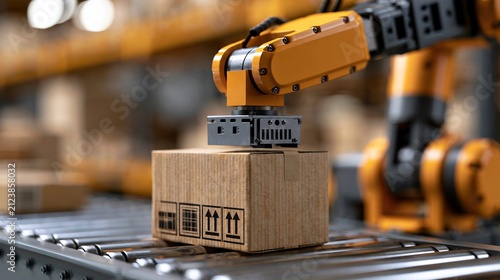 Robotic Arm Sorting Parcels in Automation Fulfillment Center Close Up