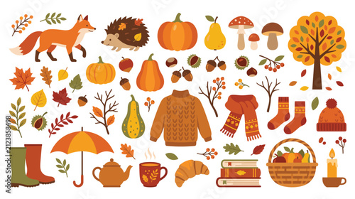 Autumn harvest symbols and woodland animals in colorful flat design.